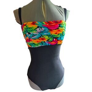 Catalina‎ 80s Vintage Women's Black Neon Floral Print Swimsuit Size 10